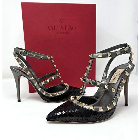 Valentino Garavani Shoes - Valentino Rockstud Studded Sequin Caged T Strap Pumps IT 37 US 7 Black